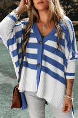 Cardigan pull haut bas boutonné à rayures bleues et col en V-A WOMAN WE LOVE
