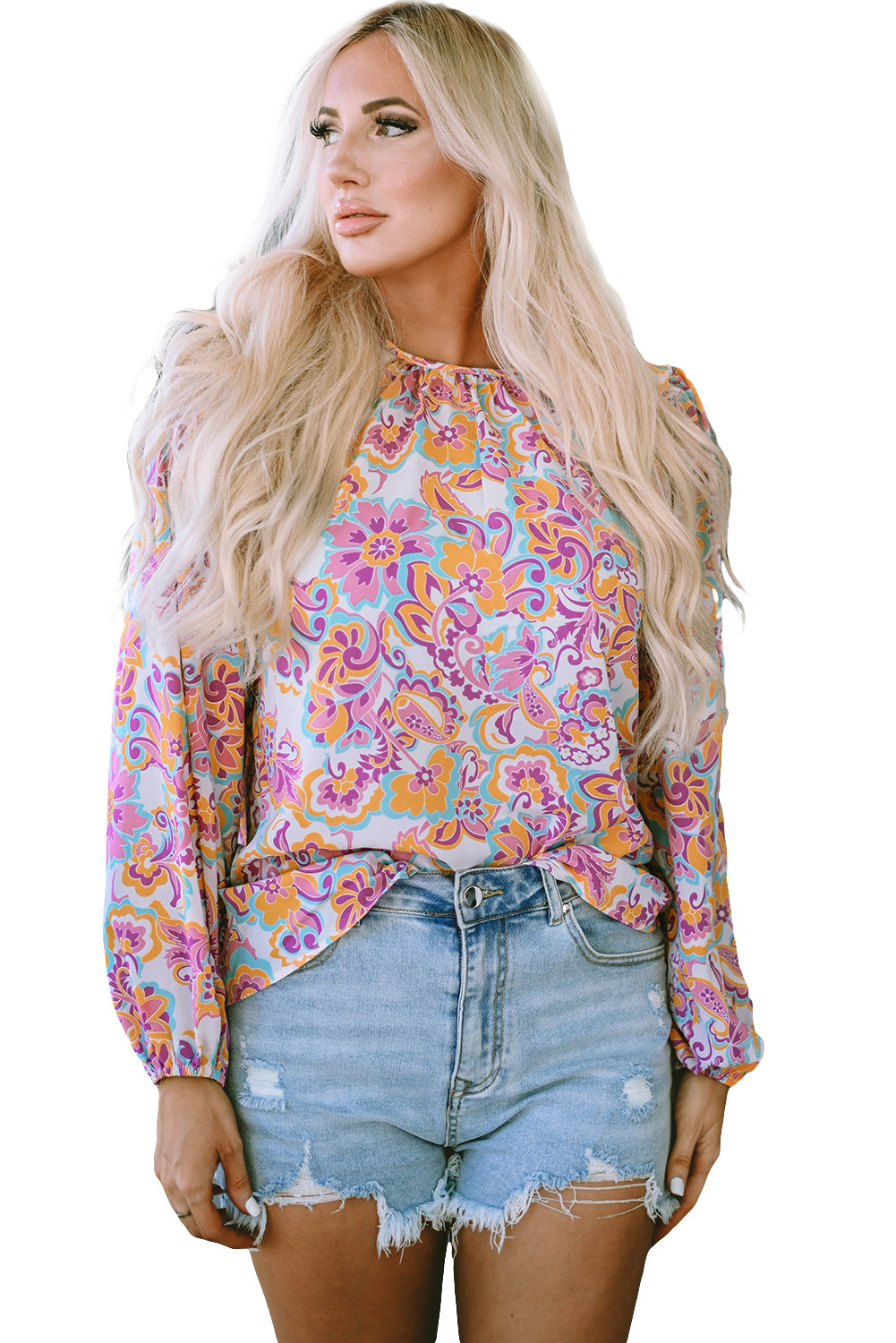 Purple Boho Paisley Printed Peasant Sleeve Blouse