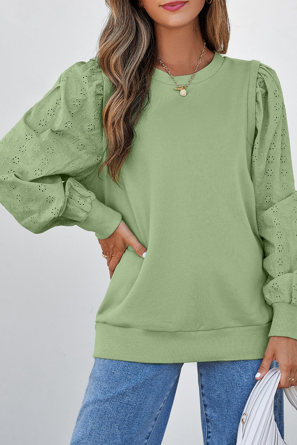 Sweat-shirt à col rond et manches patchwork uni vert brume