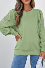 Sweat-shirt à col rond et manches patchwork uni vert brume