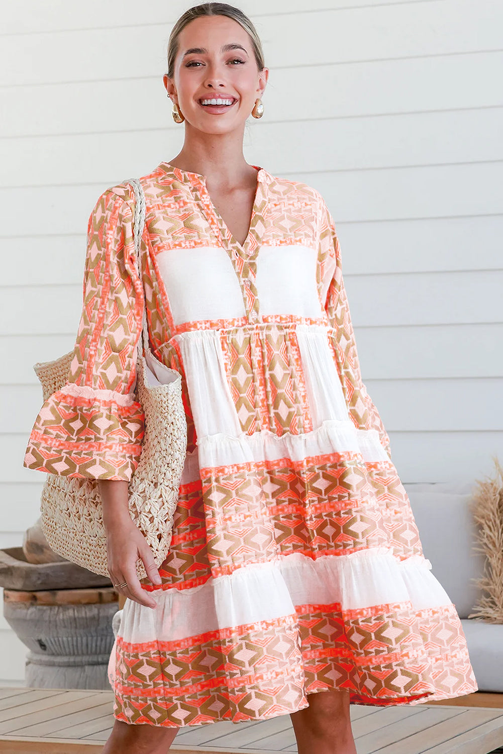 Orange Geometric Print Ruffle Tiered Button V Neck Dress