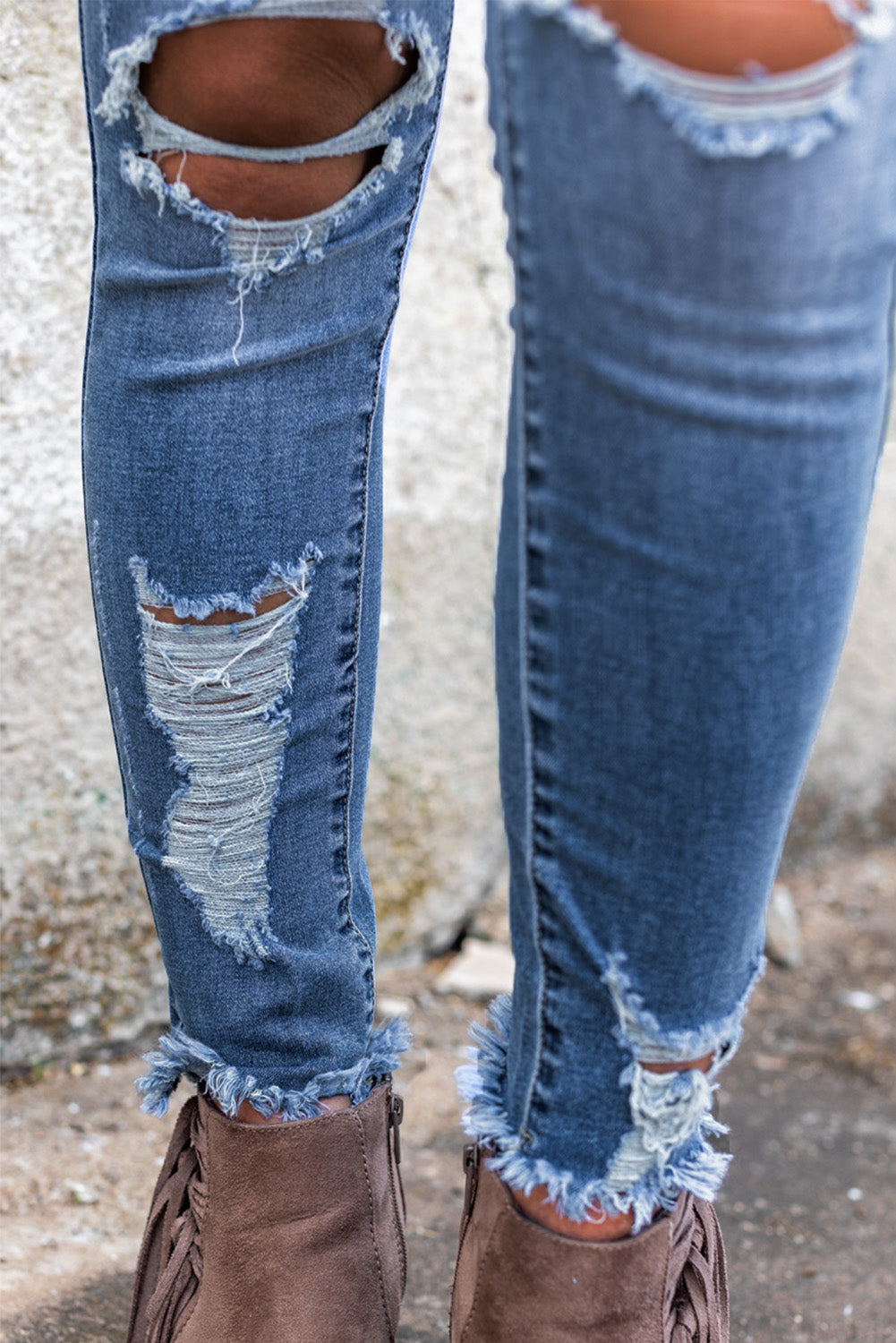 Jean skinny bleu ciel taille haute effet vieilli