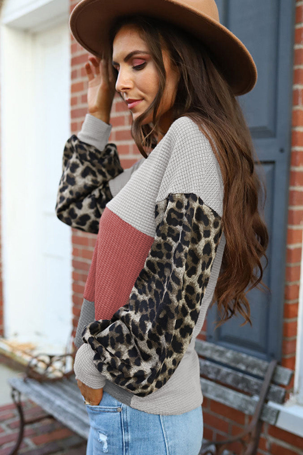 Bright Red Wild Leopard Contrast Sleeve Color Block Waffle Knit Top