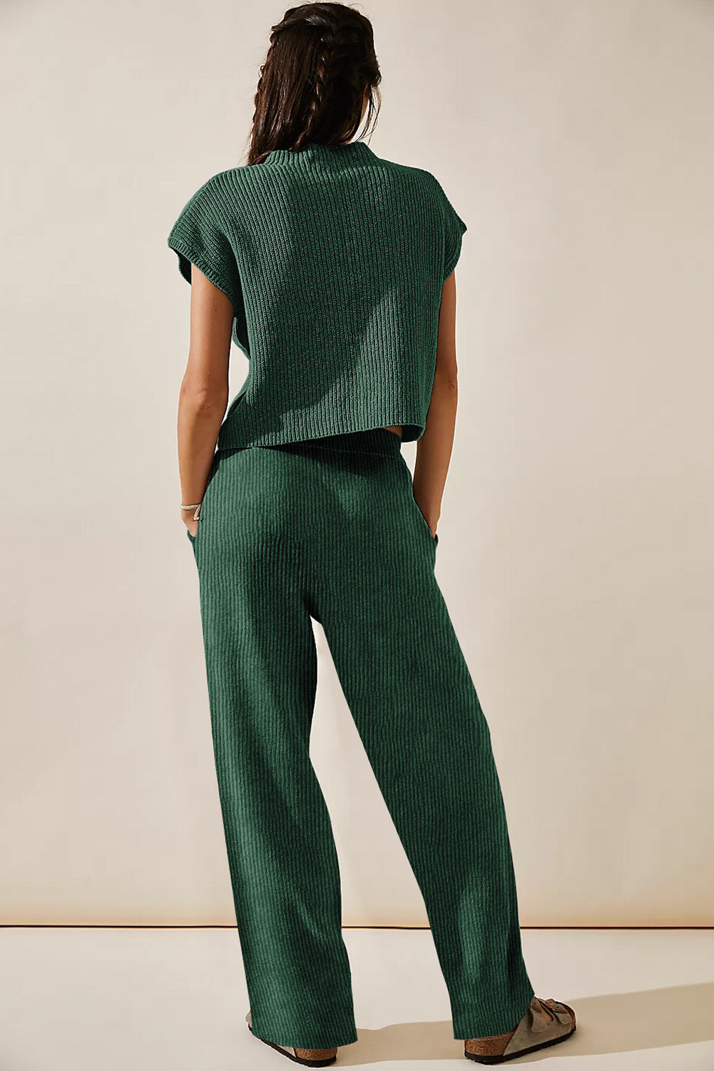 Green knitted v-neck sweater and casual pants set