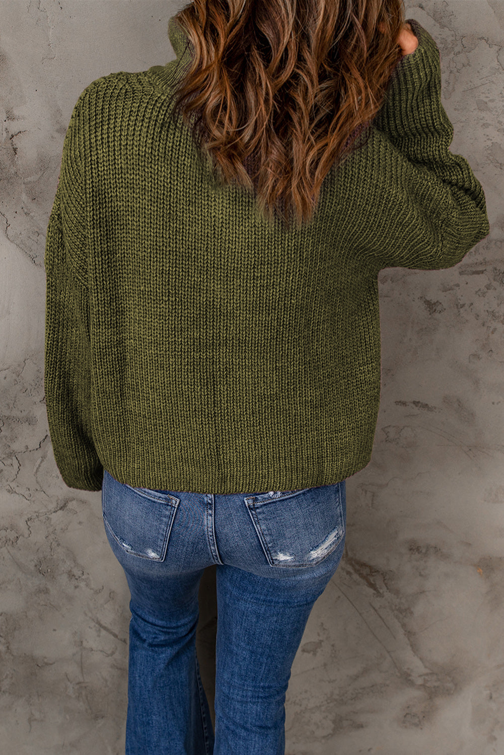 Green Zipped Turtleneck Drop Shoulder Knit Sweater