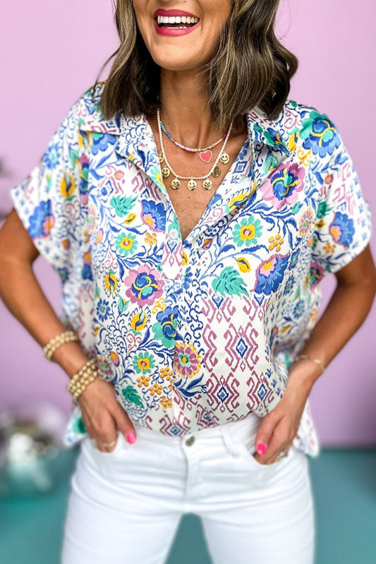 Light Blue Mixed Floral Printed Collared Split Neck Blouse