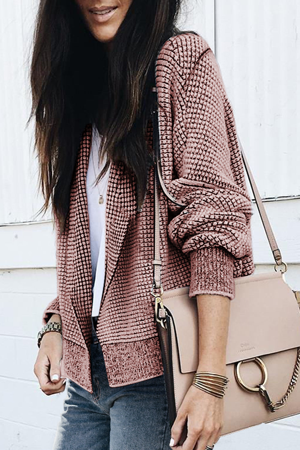 Cardigan ouvert sur le devant avec bordure contrastée à carreaux et fleurs de pêcher