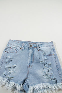 Light Blue Ripped High Waisted Denim Shorts with Raw Hem