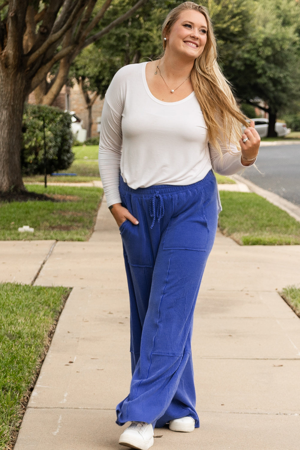 Pantalon large taille haute avec cordon de serrage et poche grande taille bleu ciel