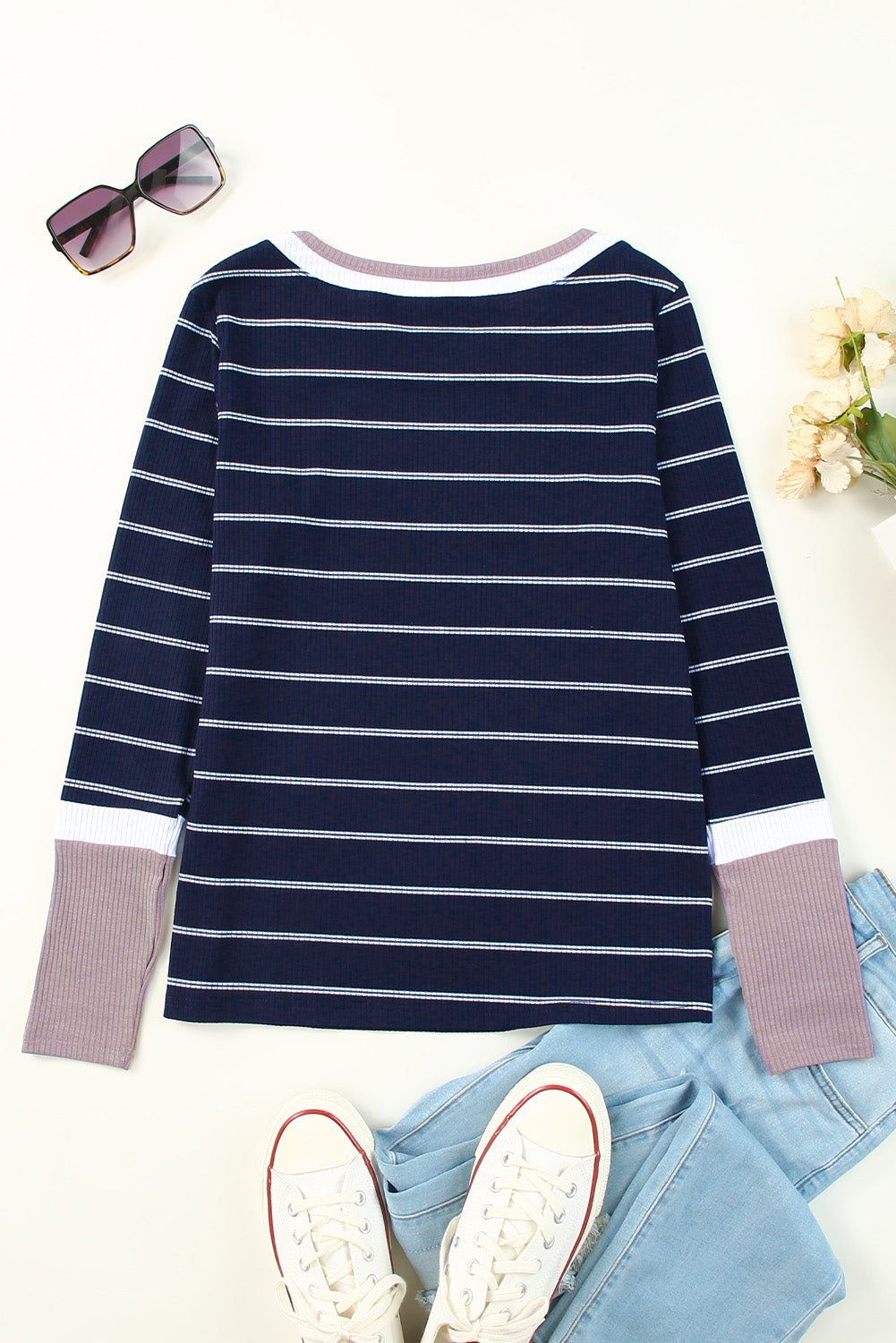 Blue Extend Color Block Cuffs Rib Knit Striped Pullover