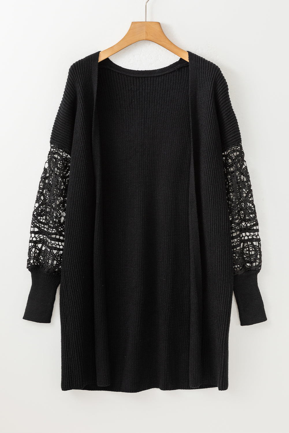 Black Crochet Lace Sleeve Ribbed Knit Cardigan