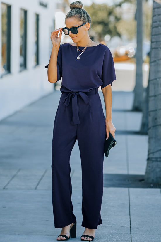 Oh So Glam Blue Wide Leg Belted Jumpsuit