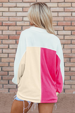 Oversized Ribbed Collar Sweatshirt in Red Pink Color Block