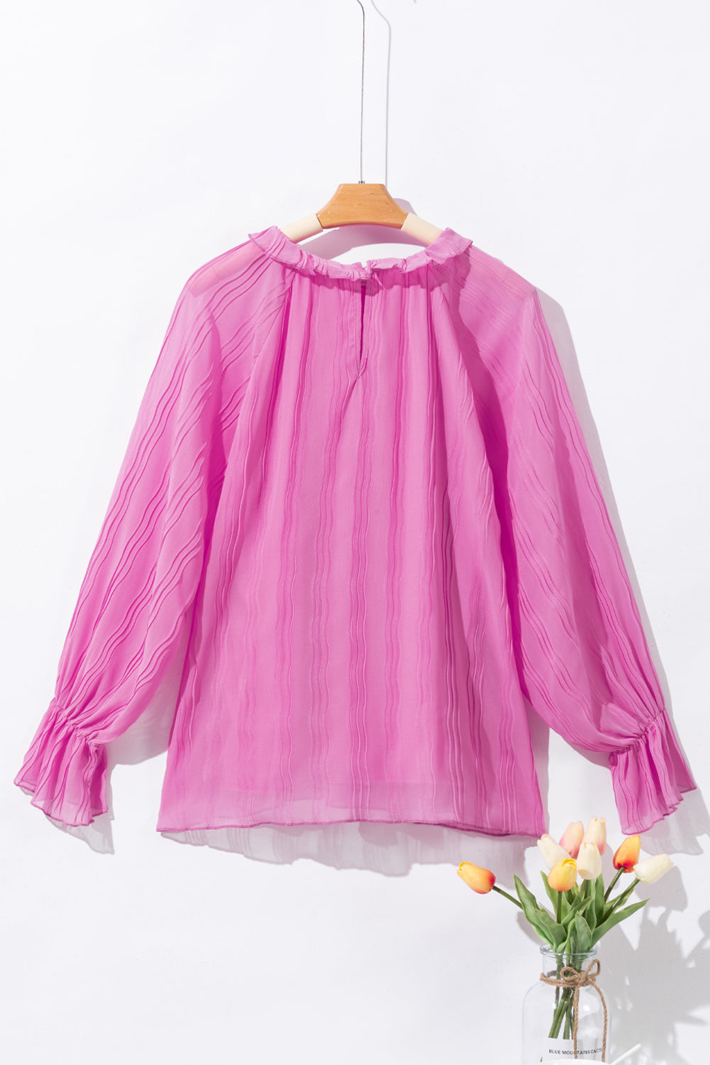 Blusa de manga larga con manga larga con manga larga de color rosa plisado