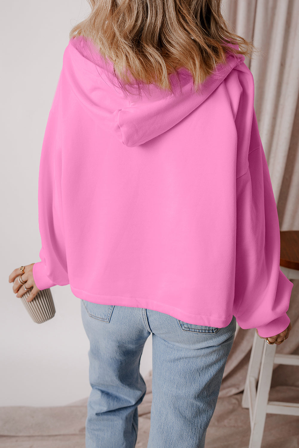 Bonbon Fleece ausgesäumt halb Reißverschluss Känguroo Taschen Loose Hoodie