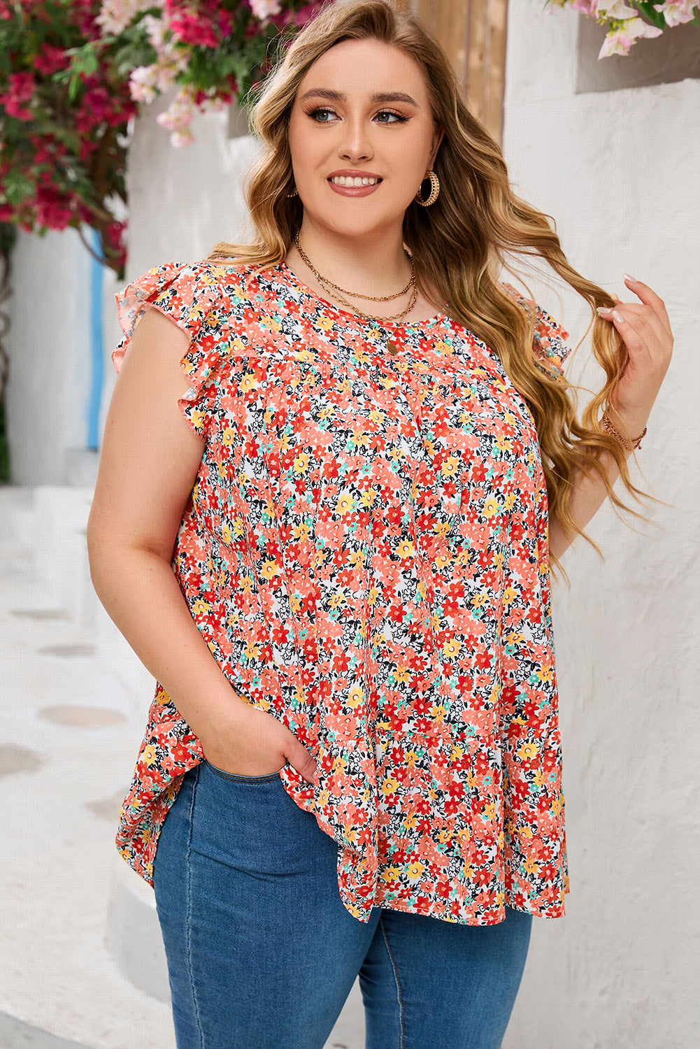 Multicolor Plus Size Boho Floral Print Ruffle Tiered Top