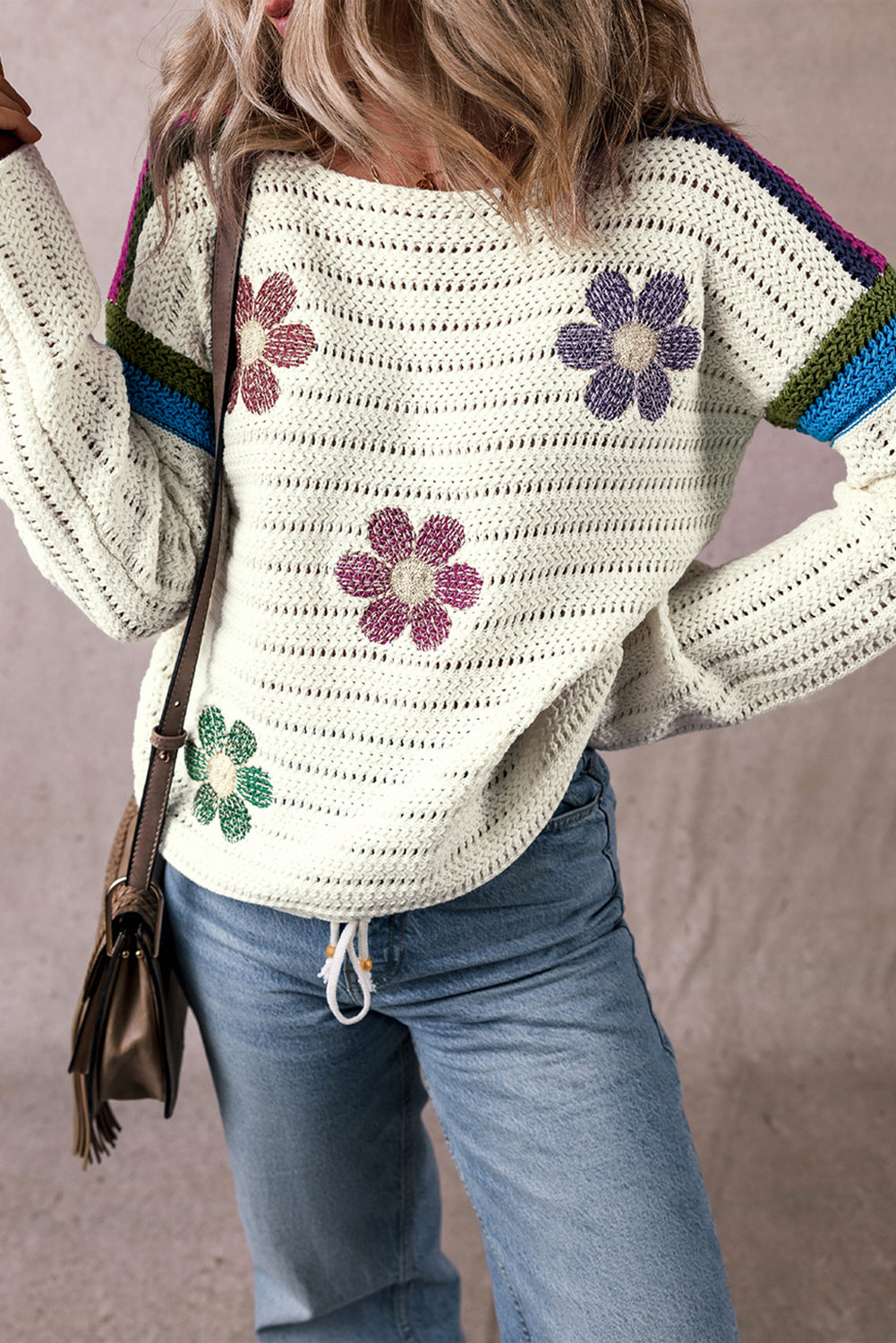 Pull en maille pointelle à fleurs de marguerite blanc