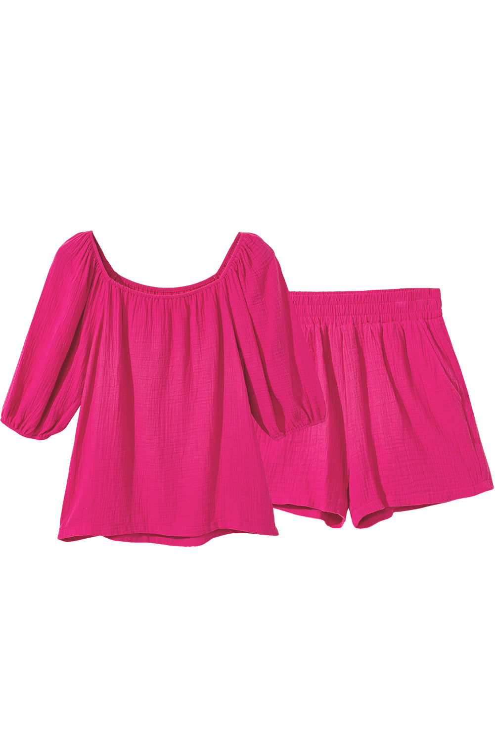 Ensemble rose vif froissé texturé à manches bouffantes et short à col carré