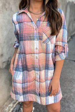 Pink plaid shirt dress with rolled up sleeves and side slit