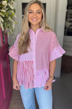 Shirt buttoned with pink stripes and ruffled hem in patchwork