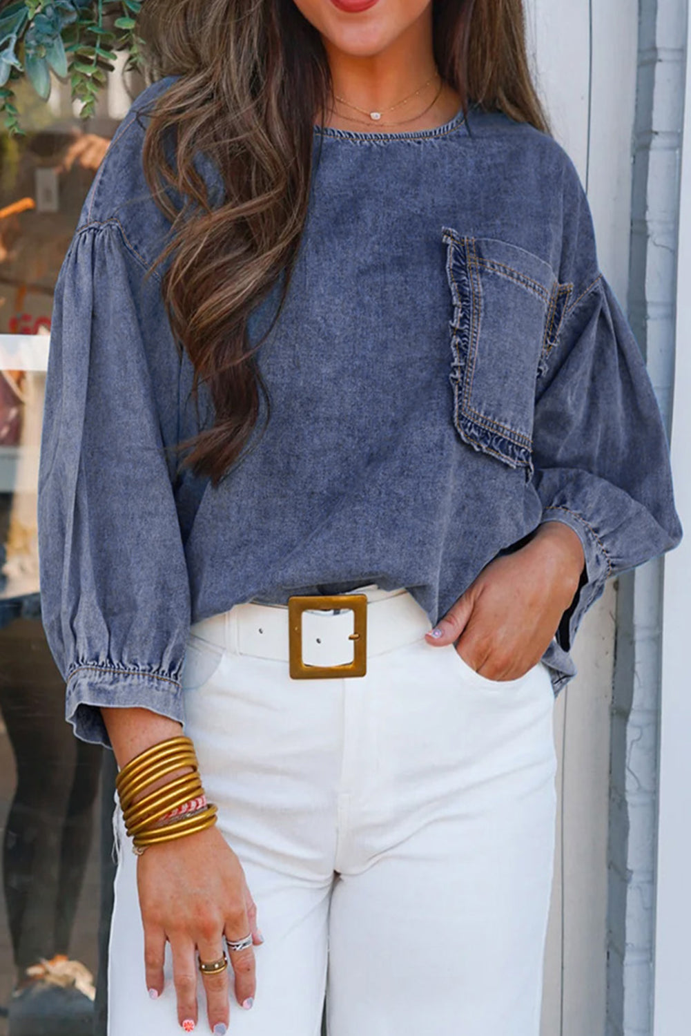 Sky blue denim blouse with 3/4 sleeves and ruffled pocket pocket