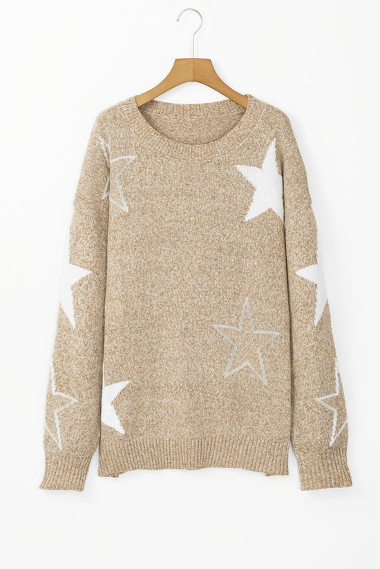 Khaki Star Pattern Drop Shoulder Plus Size Sweater