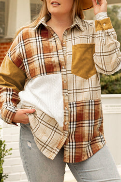 Golden Apricot - Plus Size Plaid Patchwork Button Down Jacket