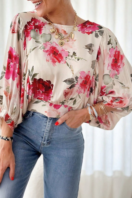 Rose flower blouse with 3/4 sleeves and laces back