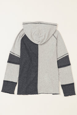 Grey Color Block Ribbed Henley Hoodie with Stitching