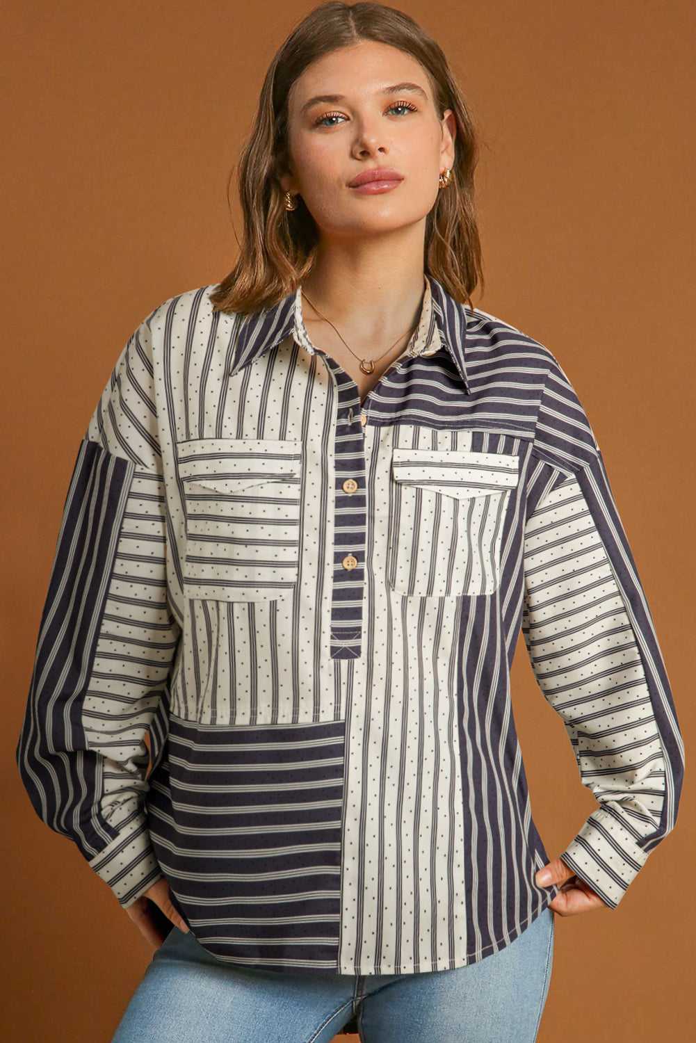 Chemisier rayé 2 tons patchwork demi-boutons poches *-A WOMAN WE LOVE