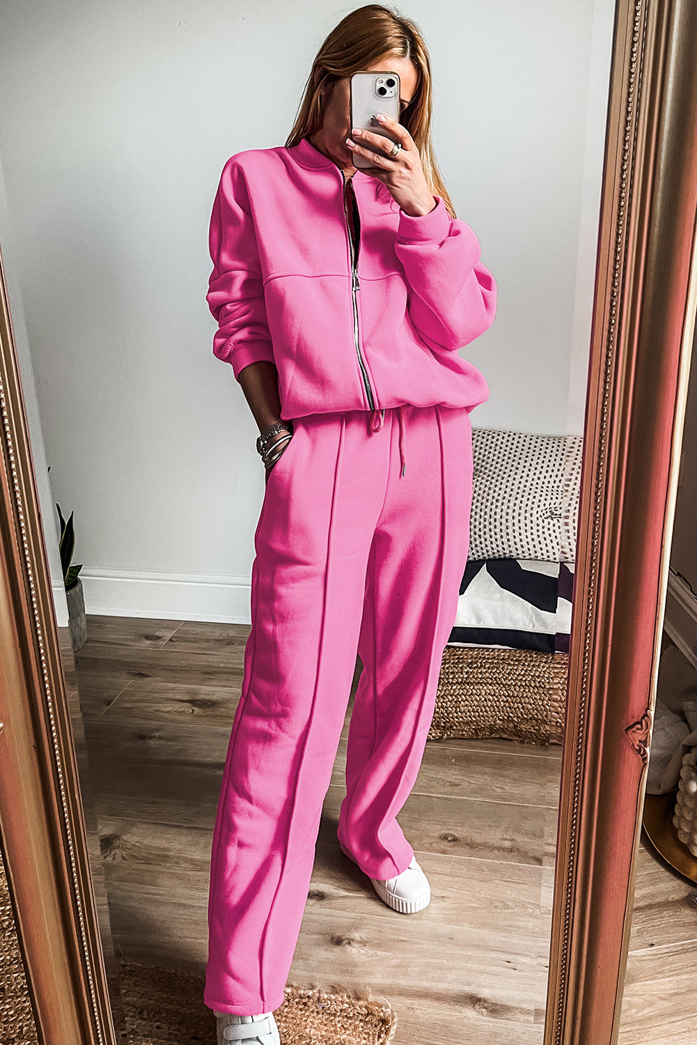 Hot Pink Solid Stitch Zip-Up Jacket and Drawstring Waist Pants Set