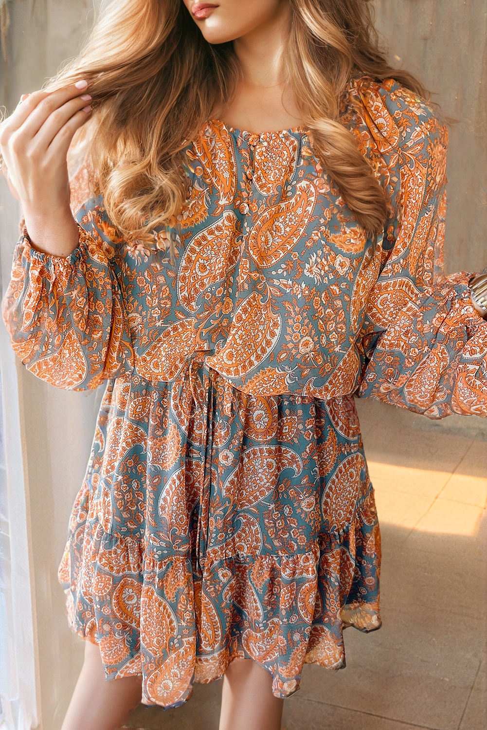 Orange Paisley Print Lose Fit Kordelstring High Taille Mini Kleid