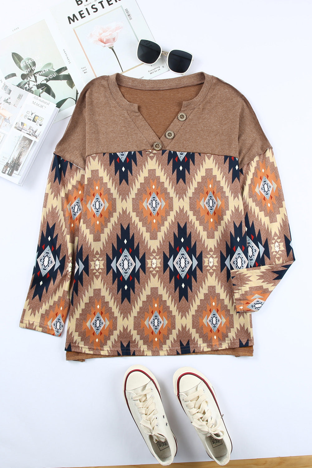 Brown Western Aztec Print Buttoned V Neck Top