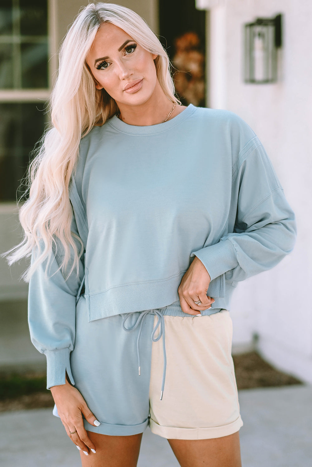 Sky Blue Split Saum Sweatshirt Farbblock Shorts Set Set