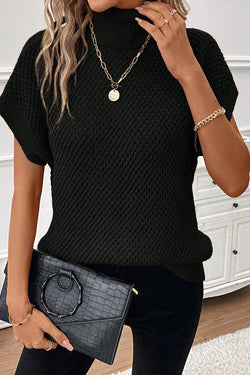 Textured black turtleneck sweater with short sleeves