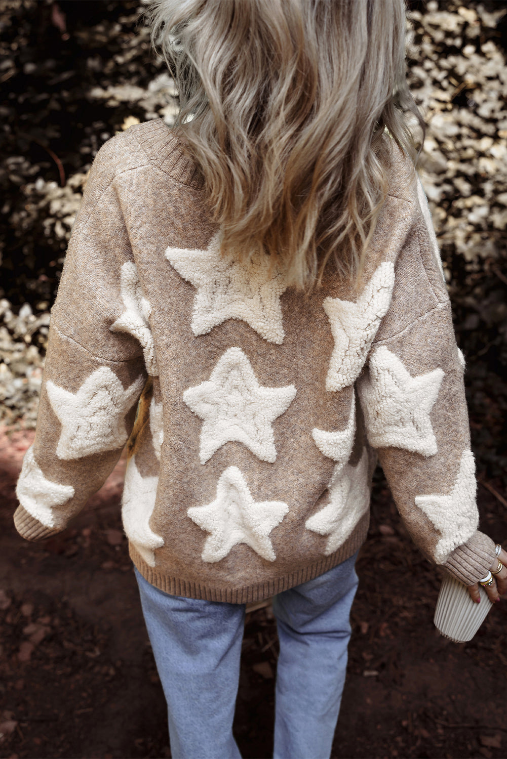 Khaki Star Pattern Sherpa Textured Sweater Cardigan with Pockets