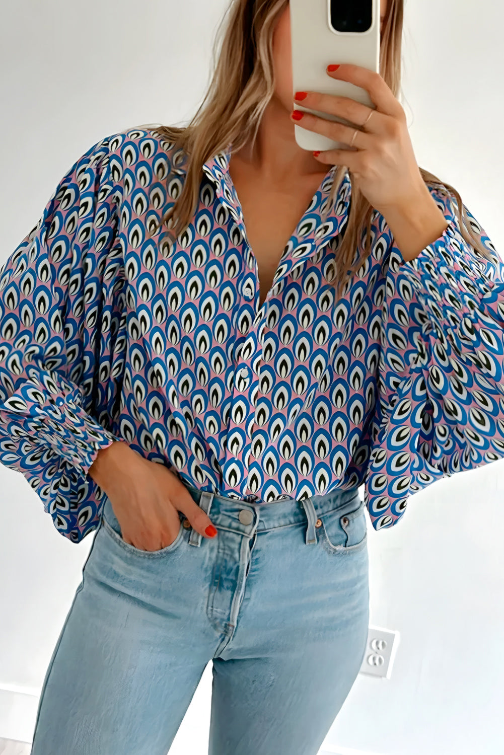 Sky Blue Abstract Print Shirred Cuff Buttoned Oversized Shirt