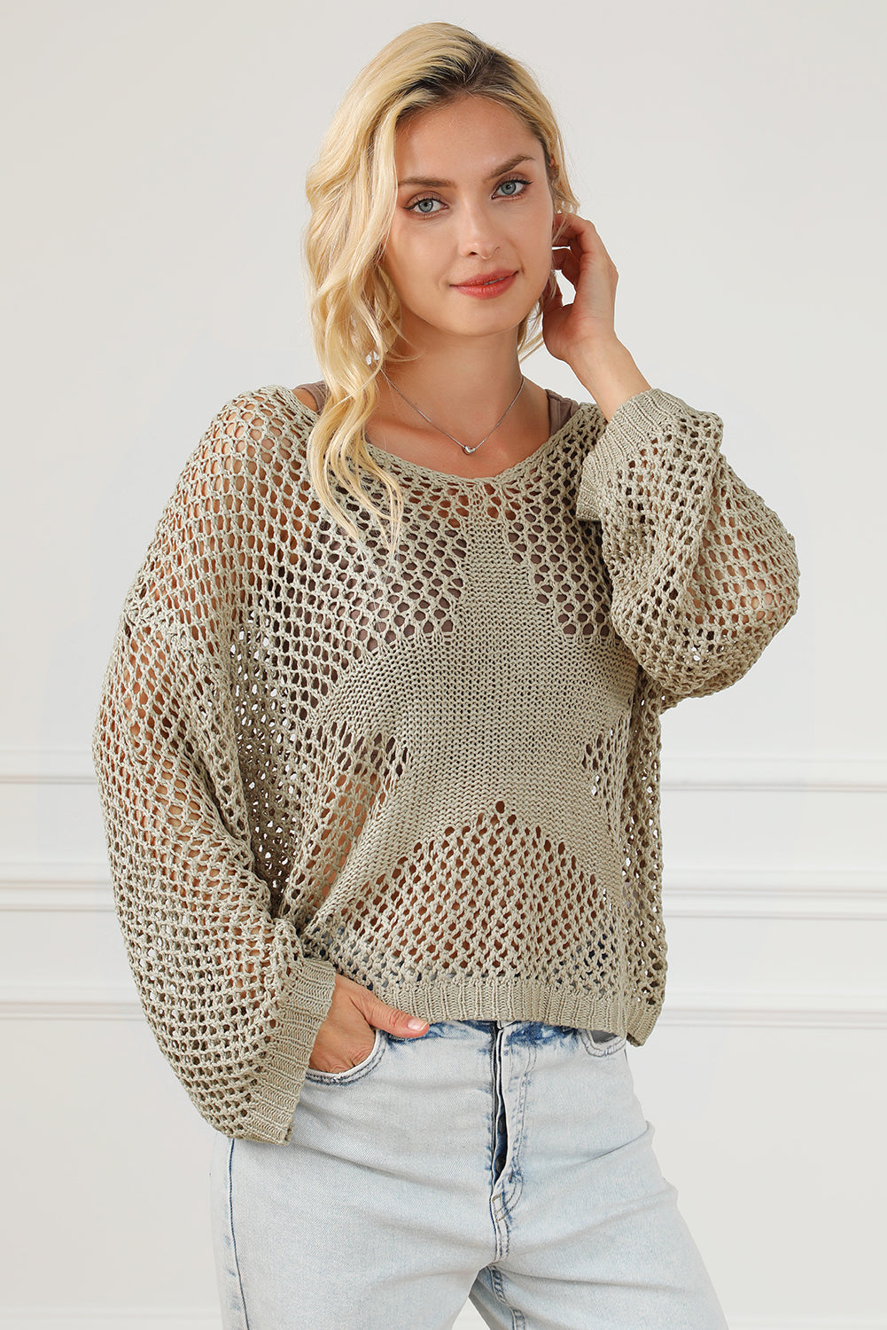 Pull ample en maille pointelle à étoiles beige français clair