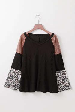 Black Bell Sleeve V-Neck Sequin Patchwork Tunic Top