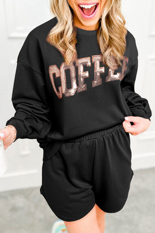 COFFEE loose sweatshirt and black sequin shorts set