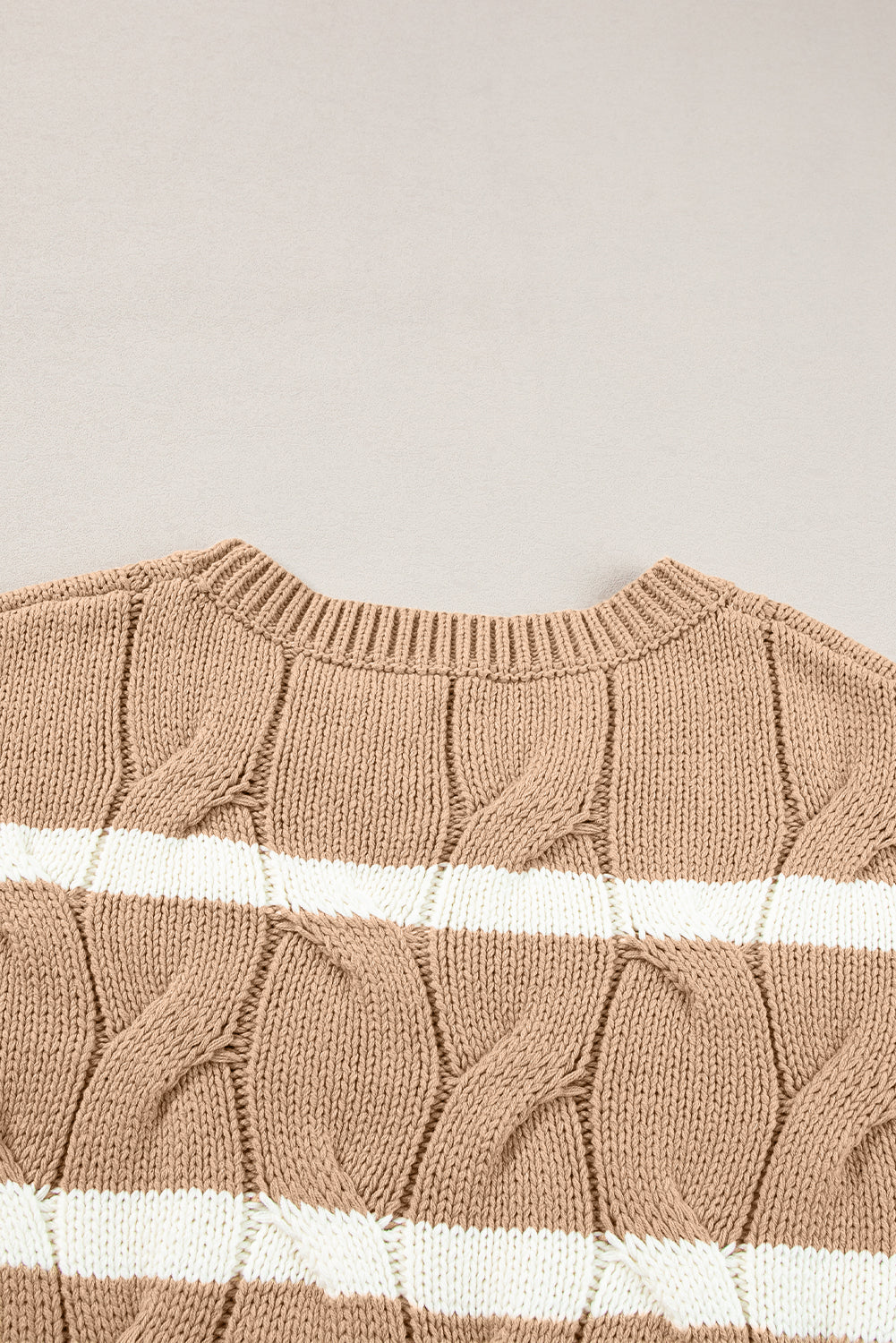 Dark Khaki Striped Cable Short Sleeve Sweater