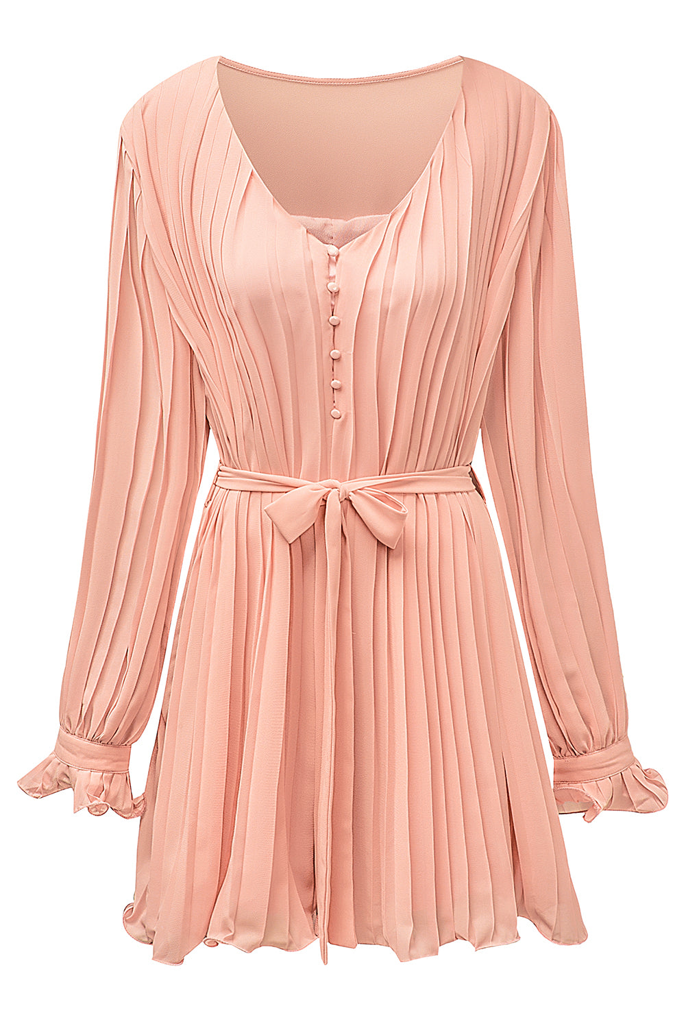 Pink pleated romper with ruffles and buttons at the waist, V-neck